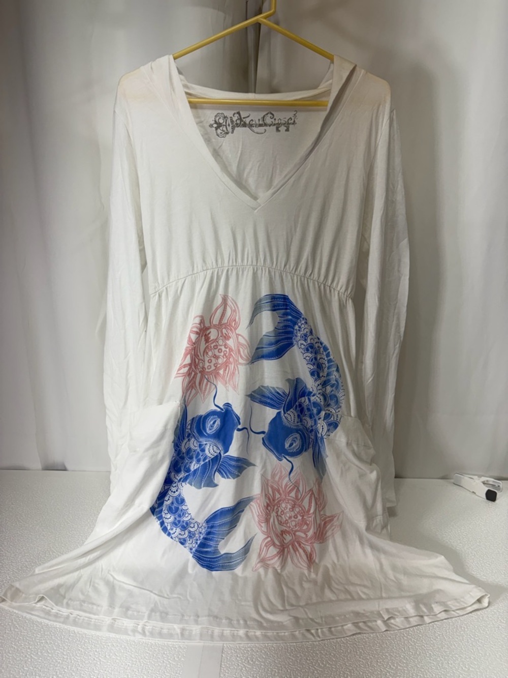 White V-Neck Midi Dress with Blue & Pink Koi Print 2898